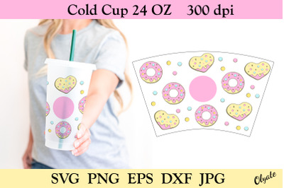 24 OZ Cold Cup Donut Tumbler. Valentine Donut Full Wrap SVG