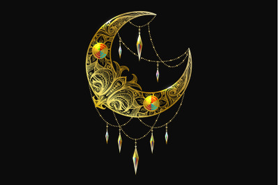 Zentangle Golden Crescent Moon Illustration