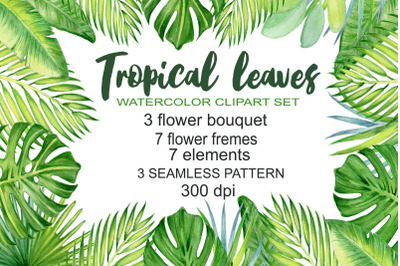 watercolor tropical leaves, monstera clip art. Digital drawing Tropica