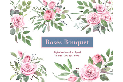Pink Rose Watercolor Flower Clipart. Blush Rose Floral Bouquet Clipart