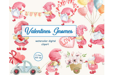 Valentine Day Watercolor Clipart. Pink Gnomes PNG. Love Clip Art.