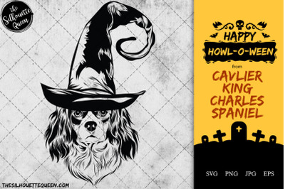 Cavalier King Charles Spaniel Dog in Witch Hat for Halloween