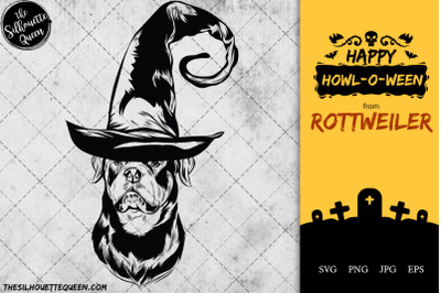 Rottweiler Dog in Witch Hat for Halloween