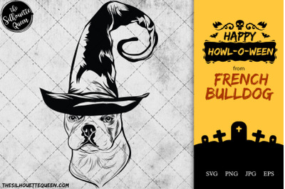 French Bulldog Dog in Witch Hat for Halloween