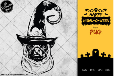 Pug Dog in Witch Hat for Halloween