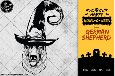 German Shepherd Dog in Witch Hat for Halloween