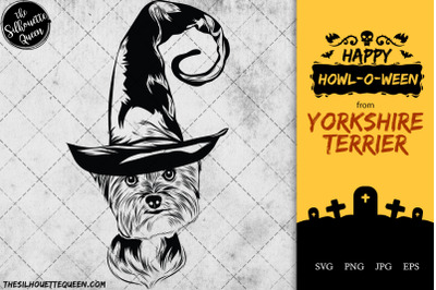 Yorkshire Terrier Dog in Witch Hat for Halloween