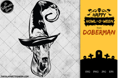 doberman Dog in Witch Hat for Halloween