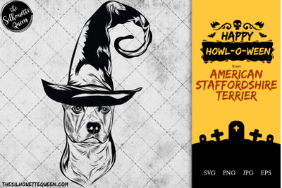 American Staffordshire Terrier Dog in Witch Hat for Halloween