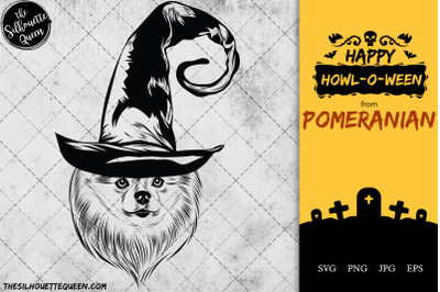 Pomeranian Dog in Witch Hat for Halloween