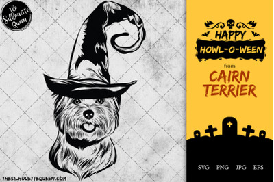 Cairn Terrier Dog in Witch Hat for Halloween