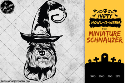 Miniature schnauzer Dog in Witch Hat for Halloween