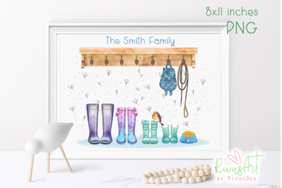 Family Welly Boots Print. Personalized Surname family print. Garden