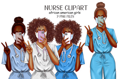 African american nurse clipart- 9 png files for sublimations