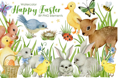 Watercolor Happy Easter spring clipart. Cute animals.