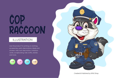 Cartoon Raccoon Cop. T-Shirt, PNG, SVG.