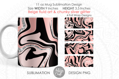 Beige fluid art, 11oz coffee mug template, silver glitter, full wrap m