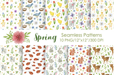 Watercolor spring seamless patterns. Happy Easter.