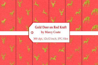 Gold Deer on Red Kraft Digital Papers