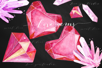 Love hearts gems. Watercolor clipart