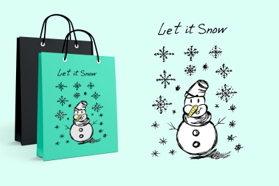 Snowman. It&#039;s snowing. Snowflakes. Winter illustration