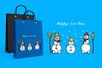 Three snowmen. Snowflakes. Winter illustration