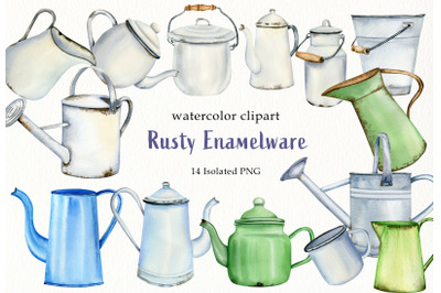 Watercolor rusty enamelware clipart set. Hand painted vintage cottage