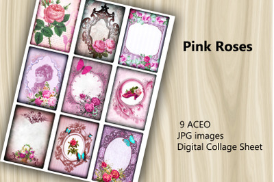 ACEO Digital Collage Sheet - Pink Roses