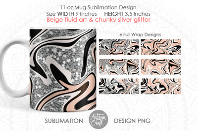 Mug design PNG, Beige fluid art, 11 oz mug template, silver glitter