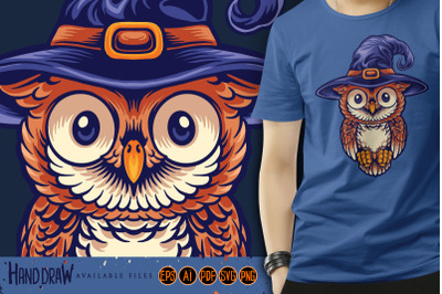 Owl Cute Wearing a Witch&#039;s Hat Mascot Illustrations