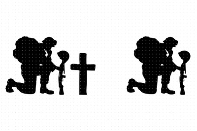 Kneeling and Praying Soldier on a Memorial Cross SVG