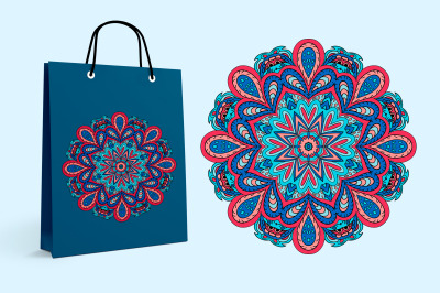 Mandala zentangl. Doodle drawing. Red and blue colors