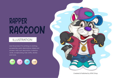 Cartoon Raccoon Hip-hop Rapper. T-Shirt, PNG, SVG.