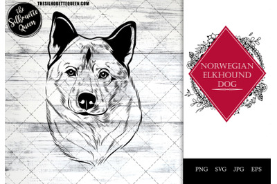 Norwegian Elkhound Dog Funny Head Portrait Sketch Vector