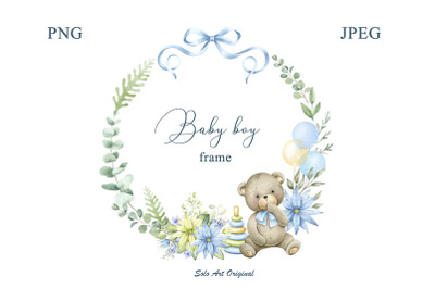 Teddy bear Baby boy shower Frame PNG JPEG Clipart Watercolor