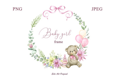 Teddy bear Baby girl shower Frame PNG JPEG Clipart Watercolor frame wi