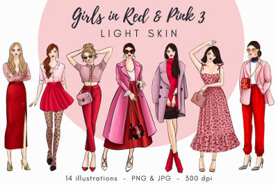 Girls in Red &amp; Pink 3 - Light Skin Watercolor Fashion Clipart