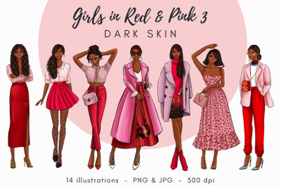 Girls in Red &amp; Pink 3 - Dark Skin Watercolor Fashion Clipart