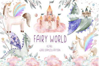 Fairy world clipart and seamless pattern