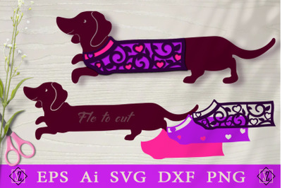 Dachshund in 3D clothes with hearts. File to cut. SVG
