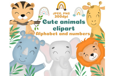 Safari animals alphabet and numbers clipart