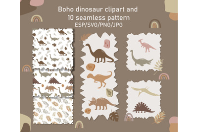 Boho dinosaur clipart and seamless pattern