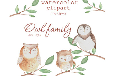 Watercolor owl family clipart PNG