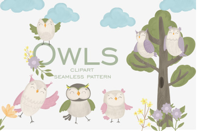 cute owls clipart and seamless pattern