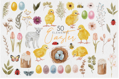 Easter watercolor clipart, 50 Digital spring elements