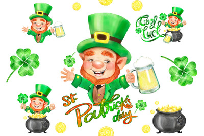 St Patrick&#039;s Day watercolor clipart. Clover, luck, lucky png