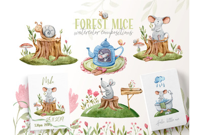 Watercolor cute mouse and snail clipart- 8 individual png