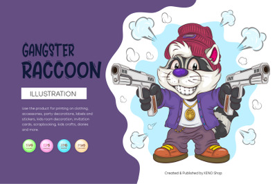 Cartoon Raccoon Gangster. T-Shirt, PNG, SVG.