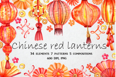 Watercolor Chinese red lanterns