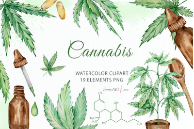 Watercolor Cannabis Hemp Clipart
